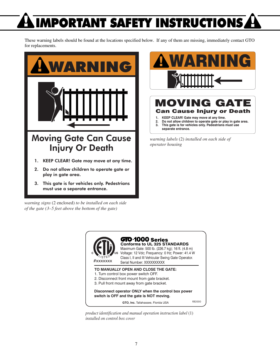 Warning, Important safety instructions, Moving gate | Moving gate can cause injury or death | Mighty Mule FM700 User Manual | Page 11 / 42