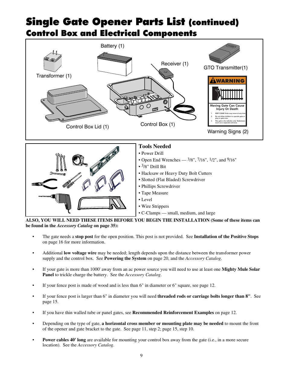 Single gate opener parts list, Continued) control box and electrical components | Mighty Mule FM700 User Manual | Page 13 / 42