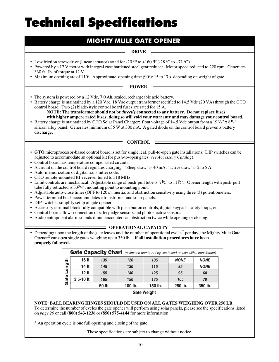Technical specifications, Mighty mule gate opener | Mighty Mule FM700 User Manual | Page 14 / 42