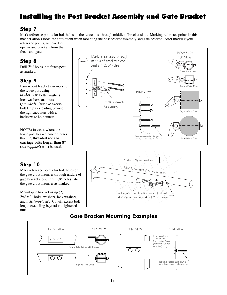 Step 7, Step 8, Step 9 | Step 10, Gate bracket mounting examples | Mighty Mule FM700 User Manual | Page 19 / 42