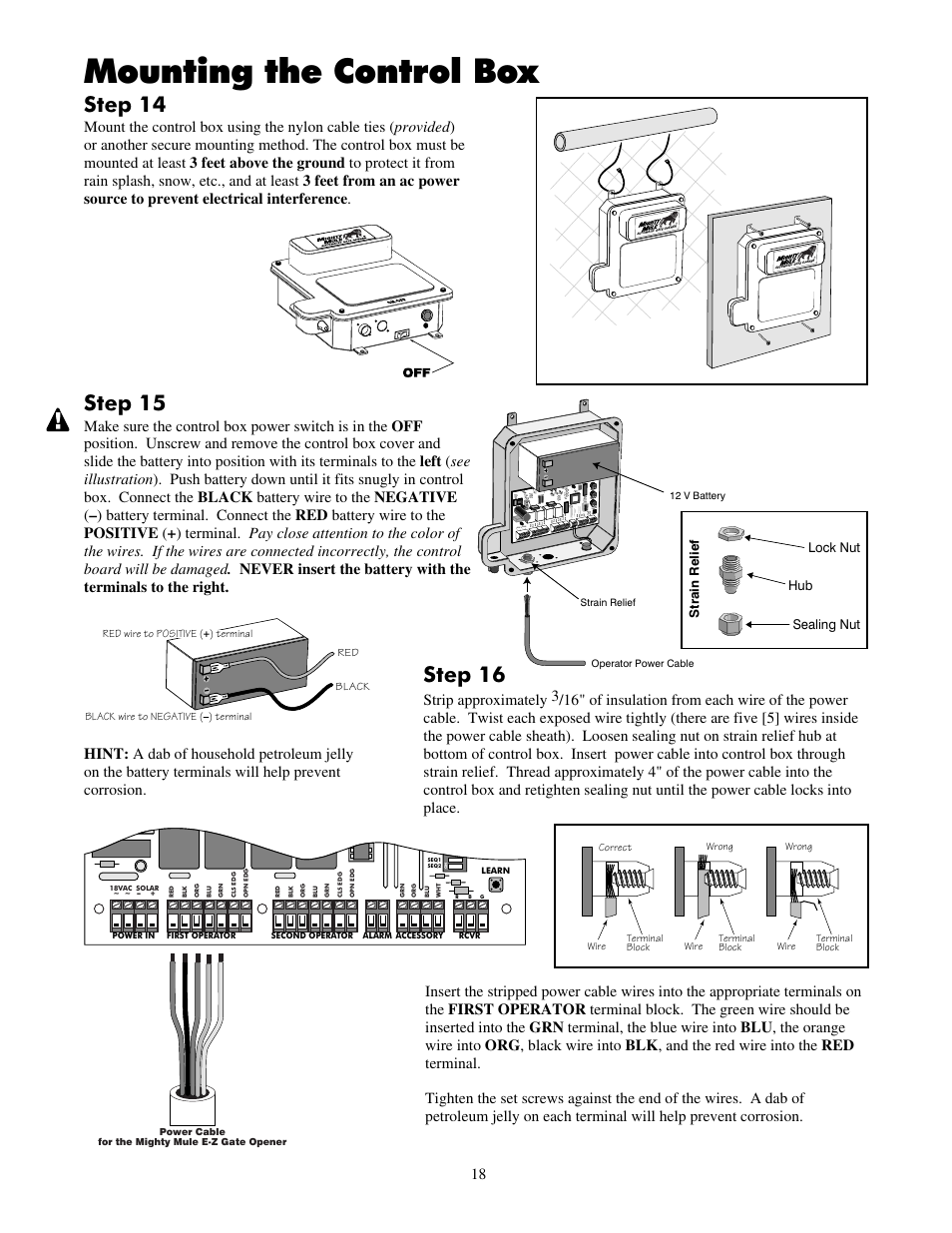 Mounting the control box, Step 15, Step 16 | Step 14 | Mighty Mule FM700 User Manual | Page 22 / 42