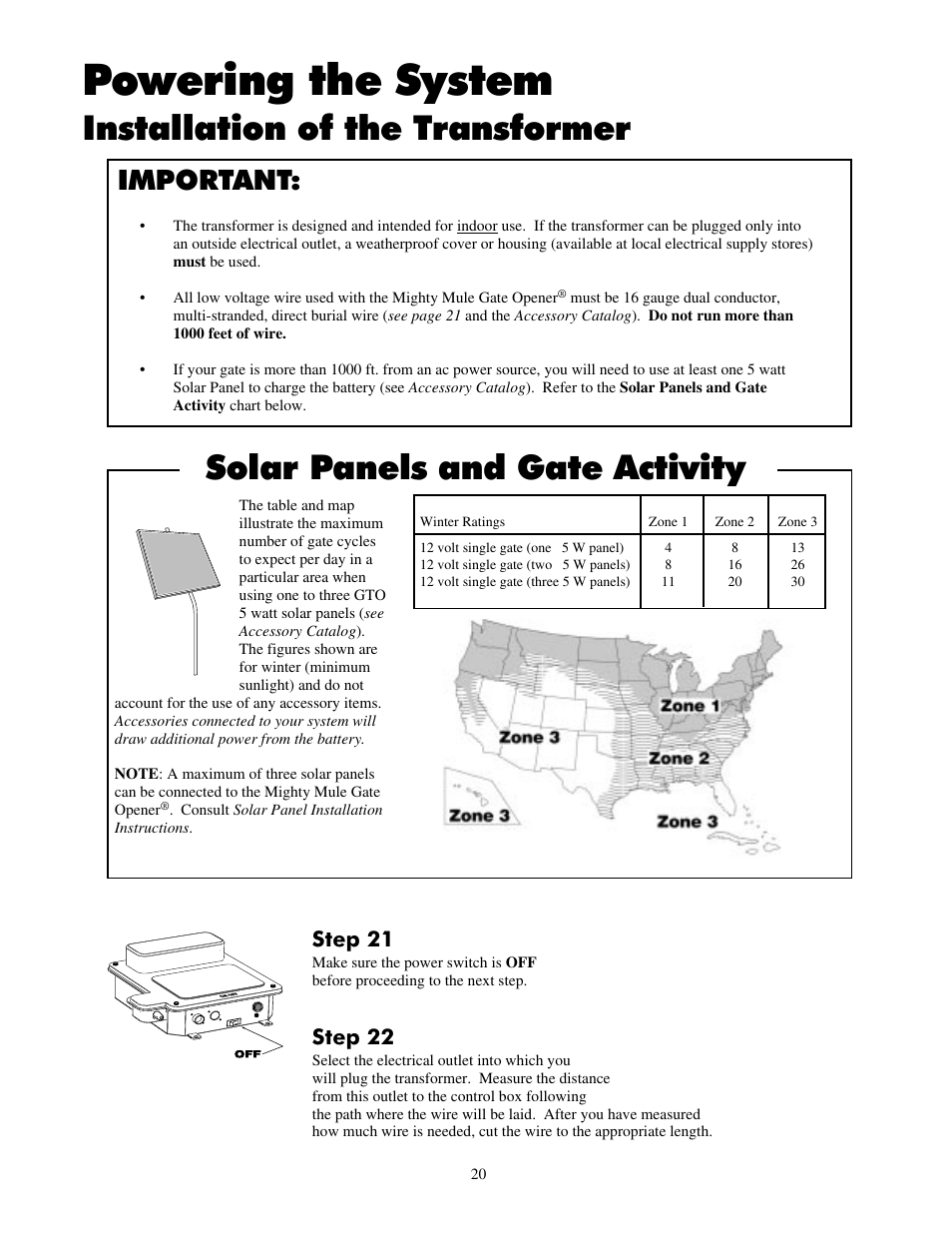 Powering the system, Installation of the transformer, Solar panels and gate activity | Important, Step 21, Step 22 | Mighty Mule FM700 User Manual | Page 24 / 42