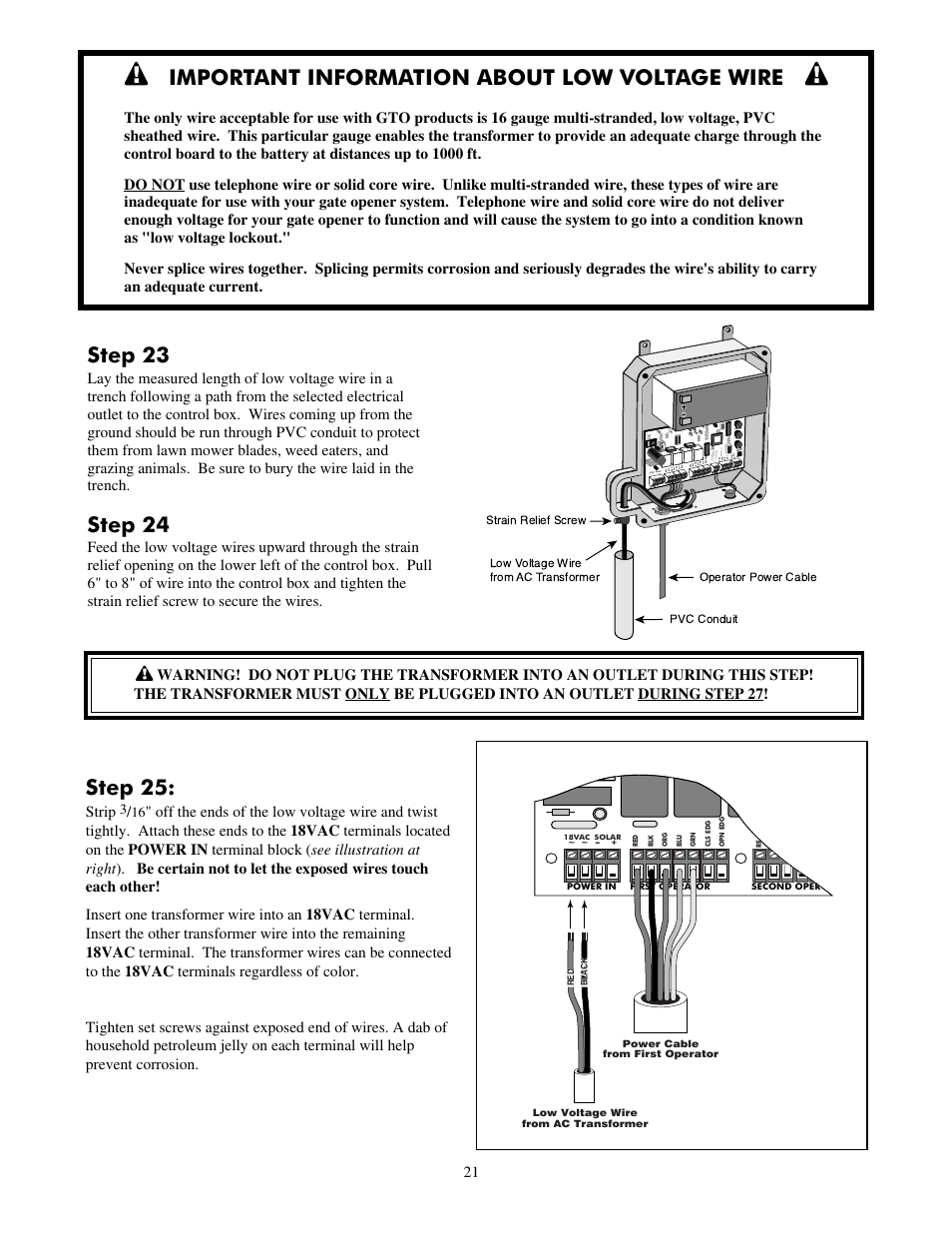 Step 23, Step 24, Important information about low voltage wire | Step 25 | Mighty Mule FM700 User Manual | Page 25 / 42