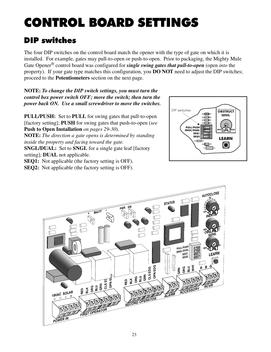 Control board settings, Dip switches | Mighty Mule FM700 User Manual | Page 27 / 42