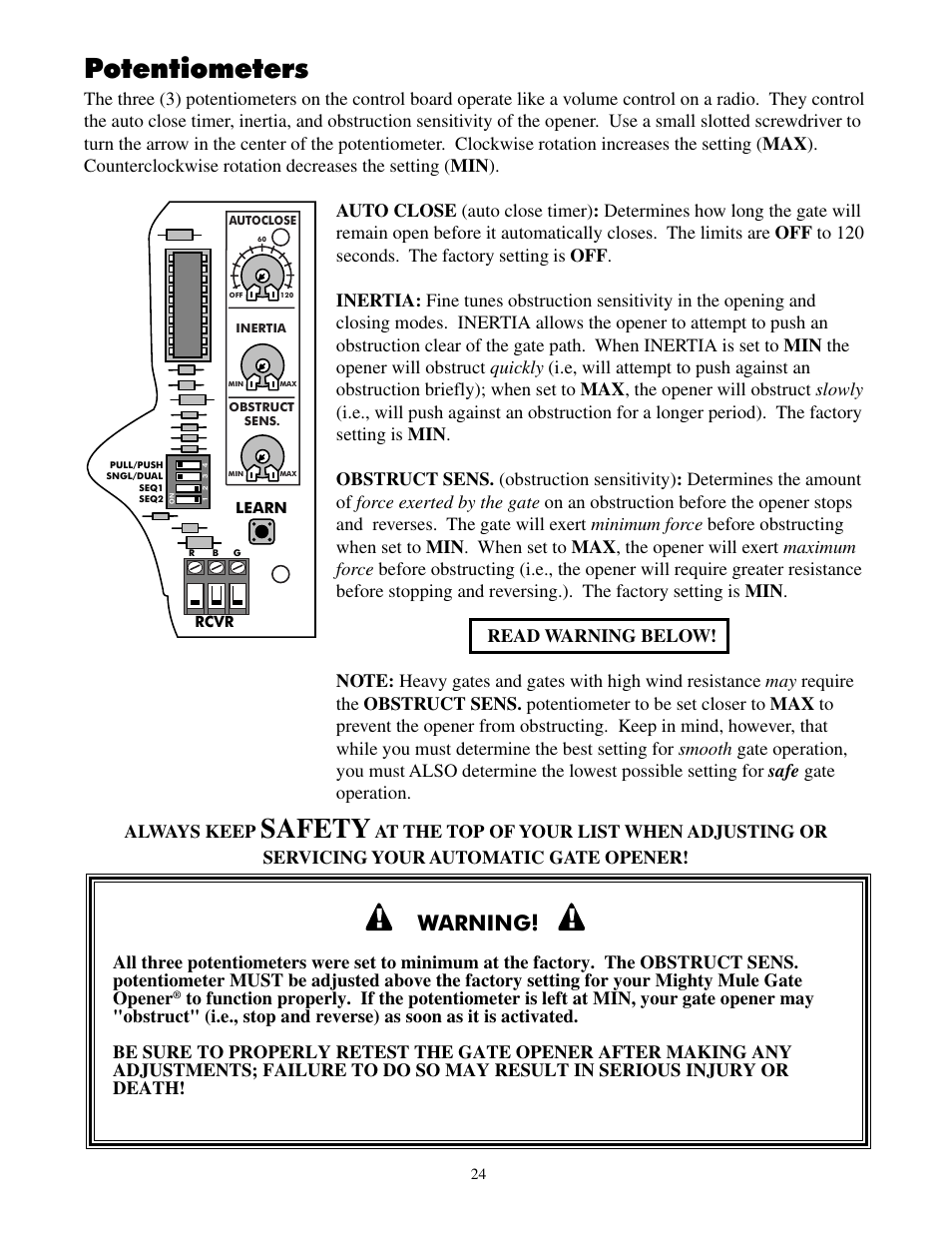 Potentiometers, Safety, Warning | Mighty Mule FM700 User Manual | Page 28 / 42