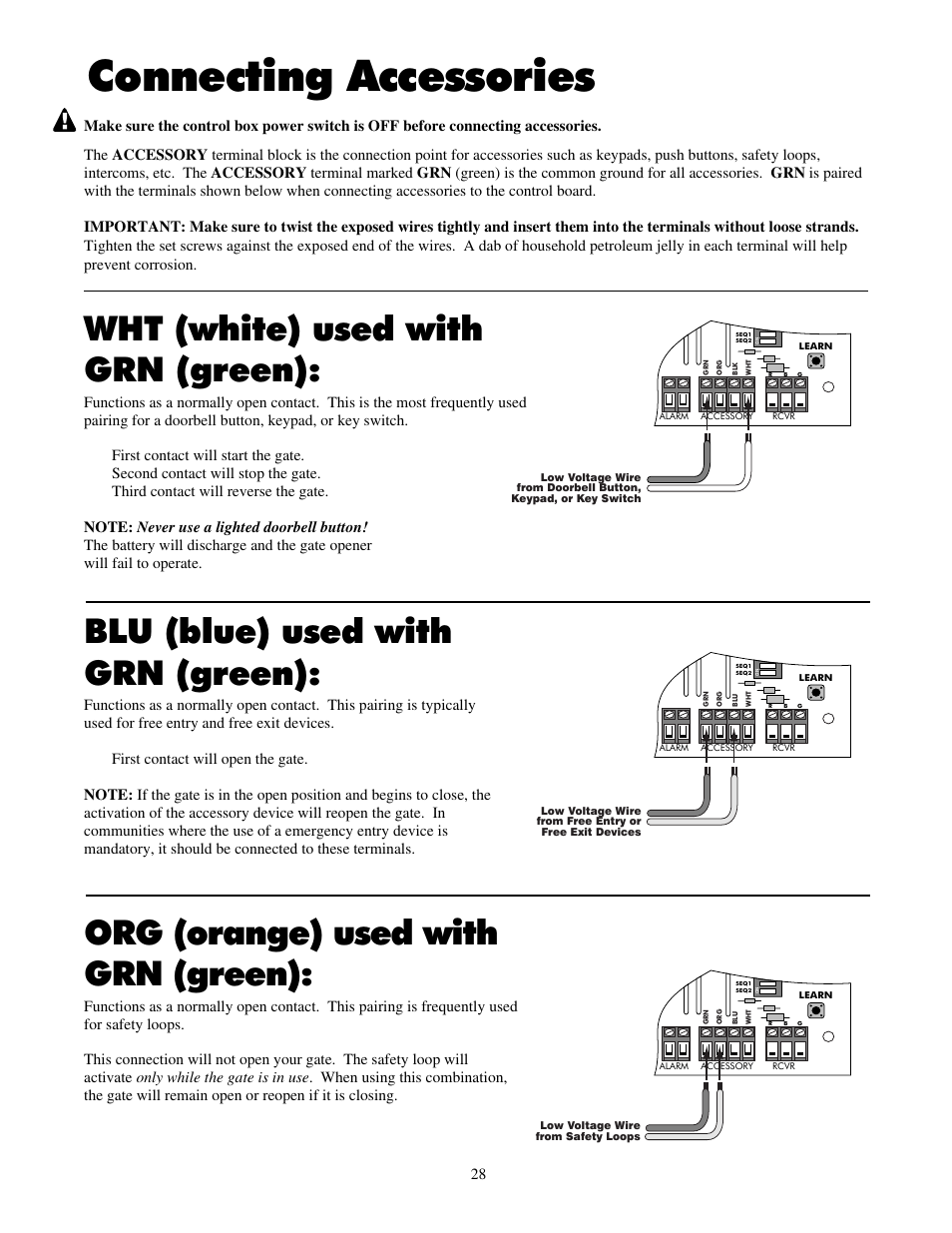 Connecting accessories, Wht (white) used with grn (green), Blu (blue) used with grn (green) | Org (orange) used with grn (green) | Mighty Mule FM700 User Manual | Page 32 / 42