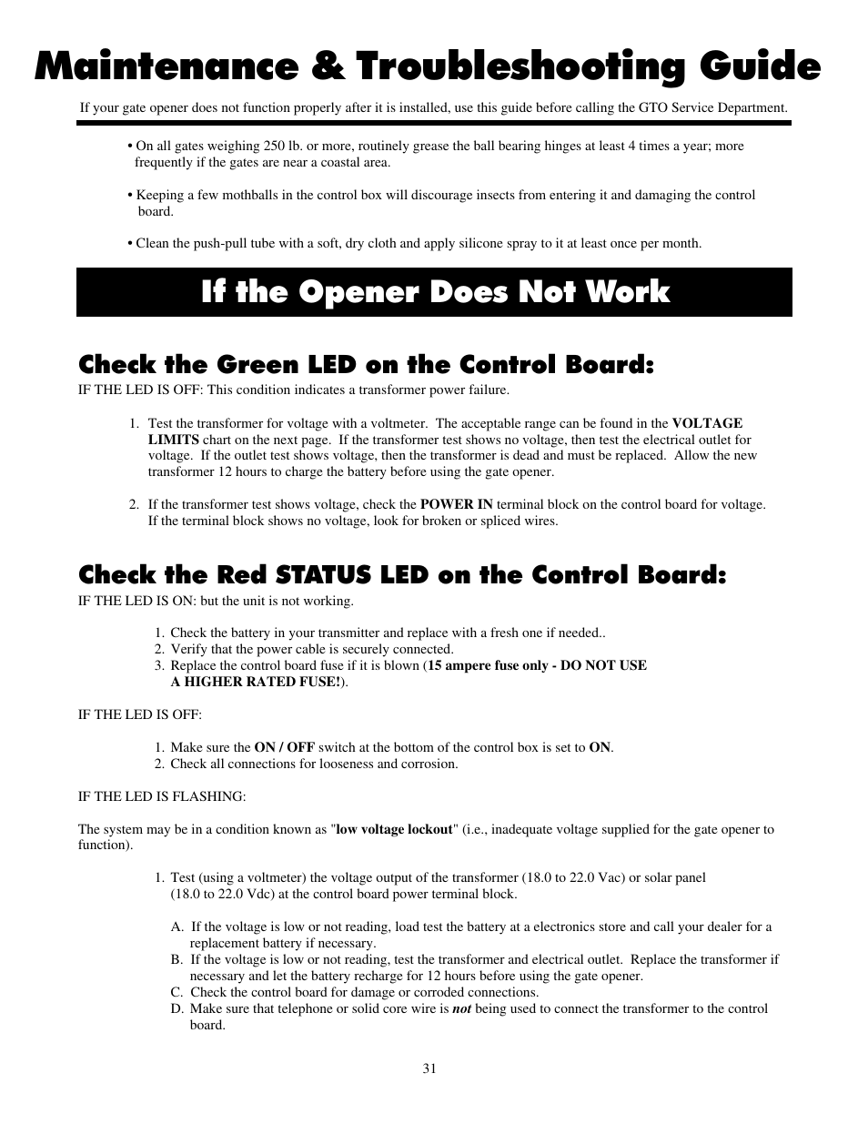 Maintenance & troubleshooting guide, If the opener does not work, Check the green led on the control board | Check the red status led on the control board | Mighty Mule FM700 User Manual | Page 35 / 42