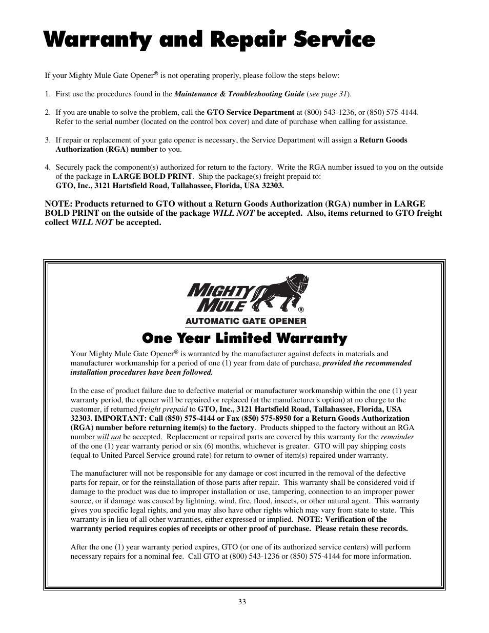 Warranty and repair service, One year limited warranty | Mighty Mule FM700 User Manual | Page 37 / 42