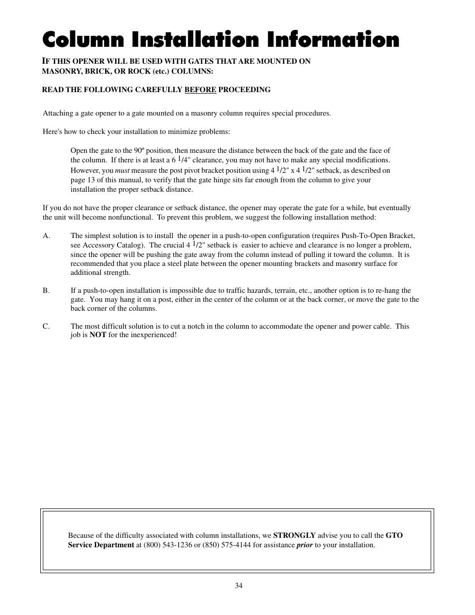 Column installation information | Mighty Mule FM700 User Manual | Page 38 / 42