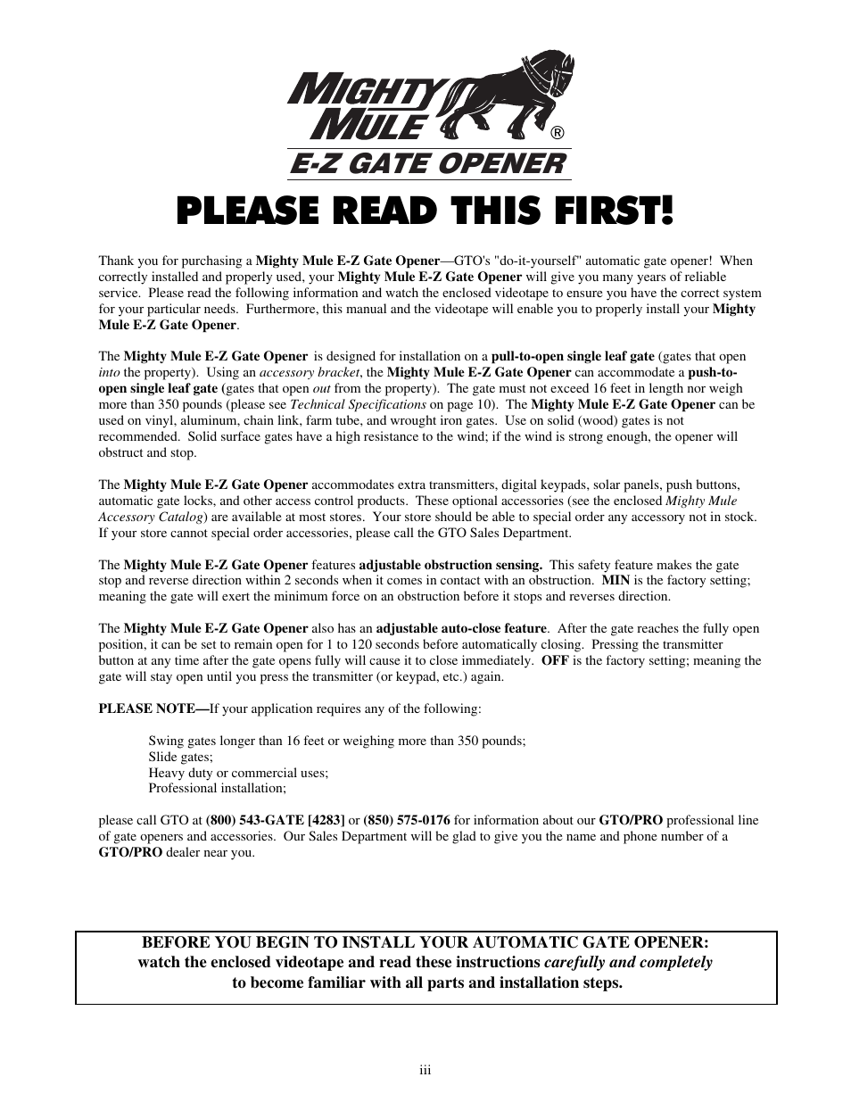 Please read this first, E-z gate opener | Mighty Mule FM700 User Manual | Page 4 / 42