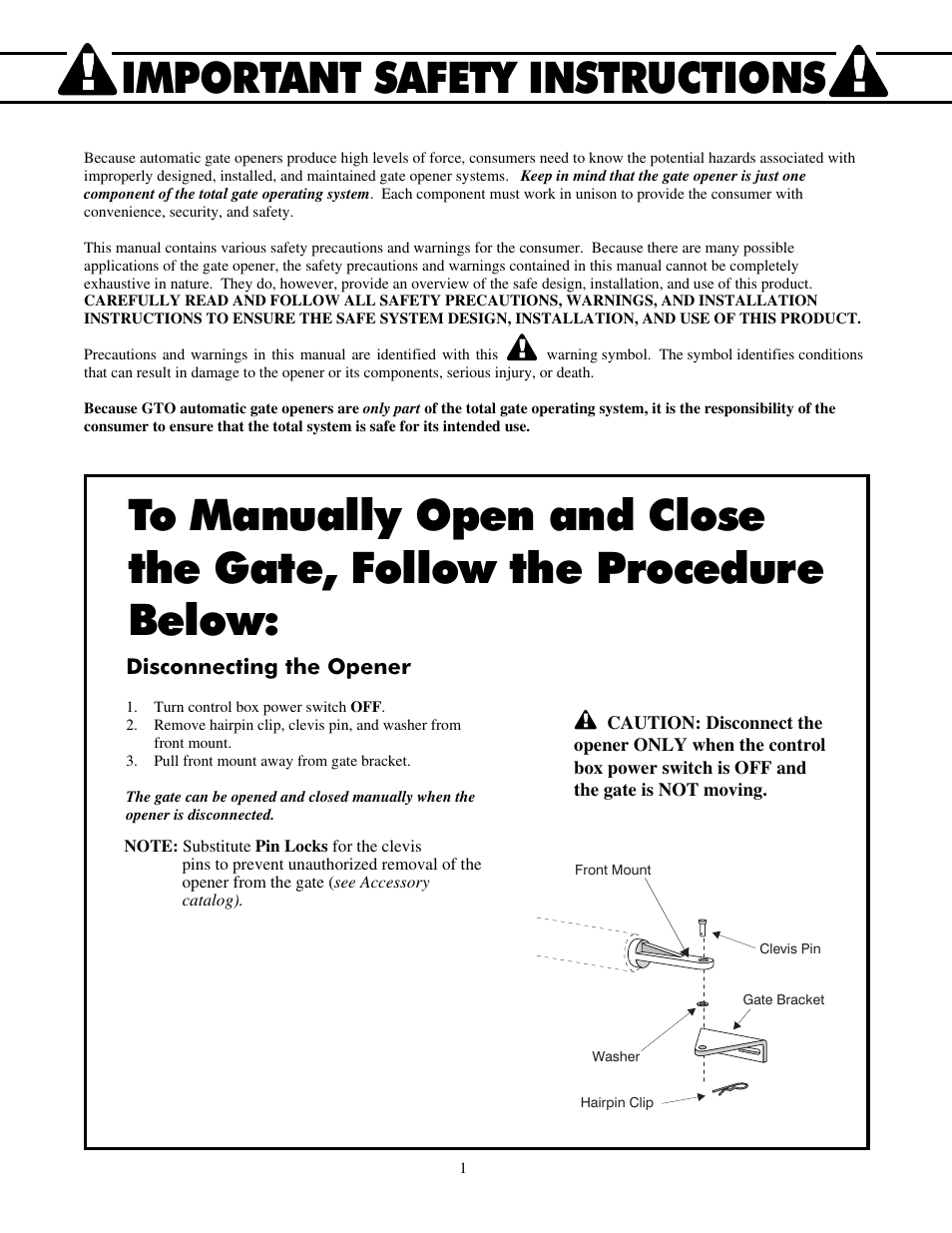 Important safety instructions, Disconnecting the opener | Mighty Mule FM700 User Manual | Page 5 / 42