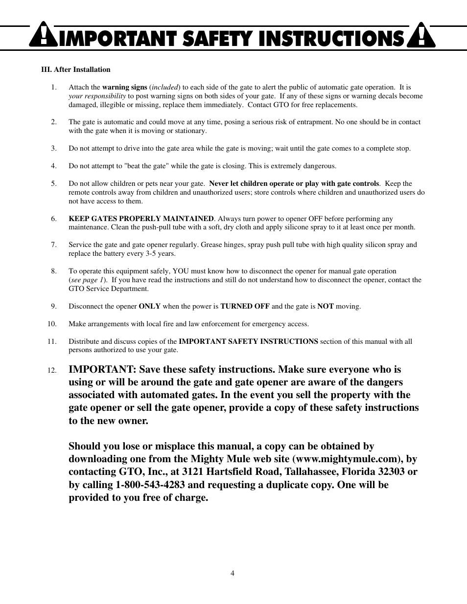 Important safety instructions | Mighty Mule FM700 User Manual | Page 8 / 42