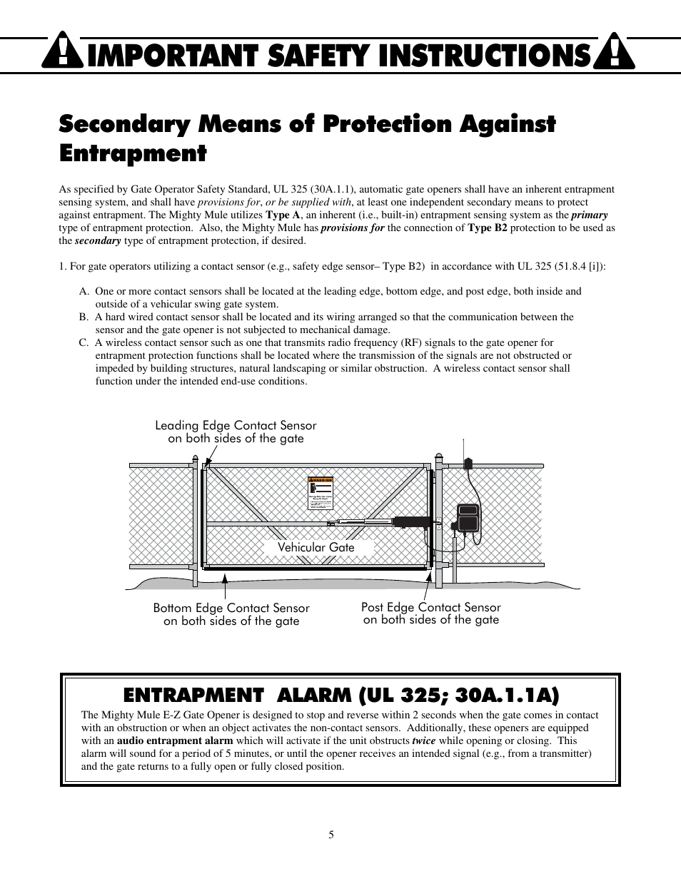 Important safety instructions, Secondary means of protection against entrapment | Mighty Mule FM700 User Manual | Page 9 / 42