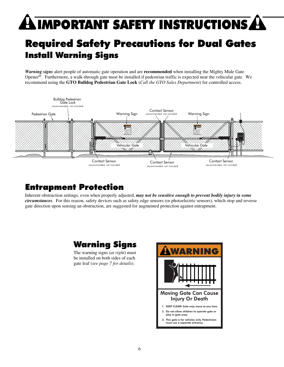 Important safety instructions, Required safety precautions for dual gates, Install warning signs entrapment protection | Warning signs, Warning | Mighty Mule FM702 User Manual | Page 10 / 44