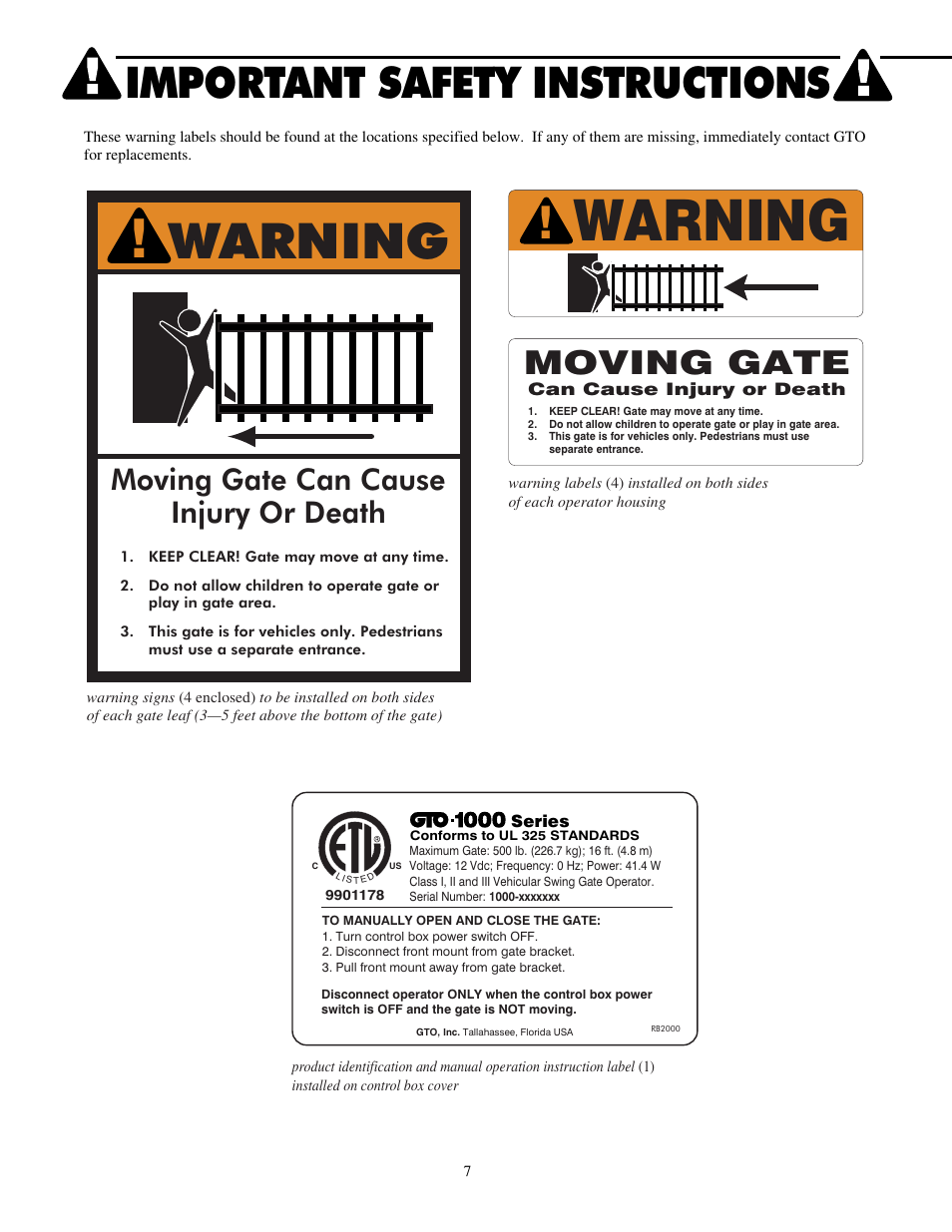 Warning, Important safety instructions, Moving gate | Moving gate can cause injury or death | Mighty Mule FM702 User Manual | Page 11 / 44