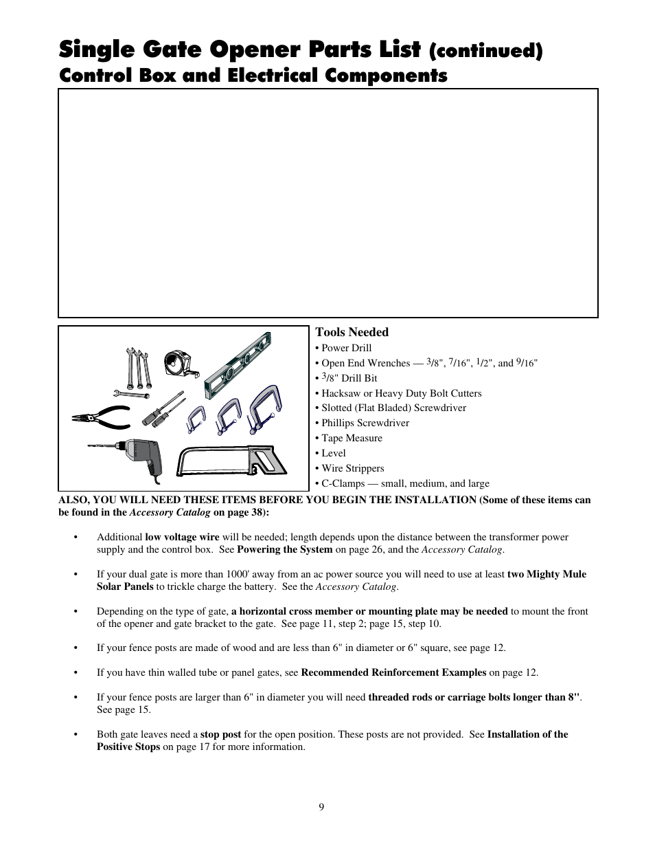 Single gate opener parts list, Continued) control box and electrical components | Mighty Mule FM702 User Manual | Page 13 / 44