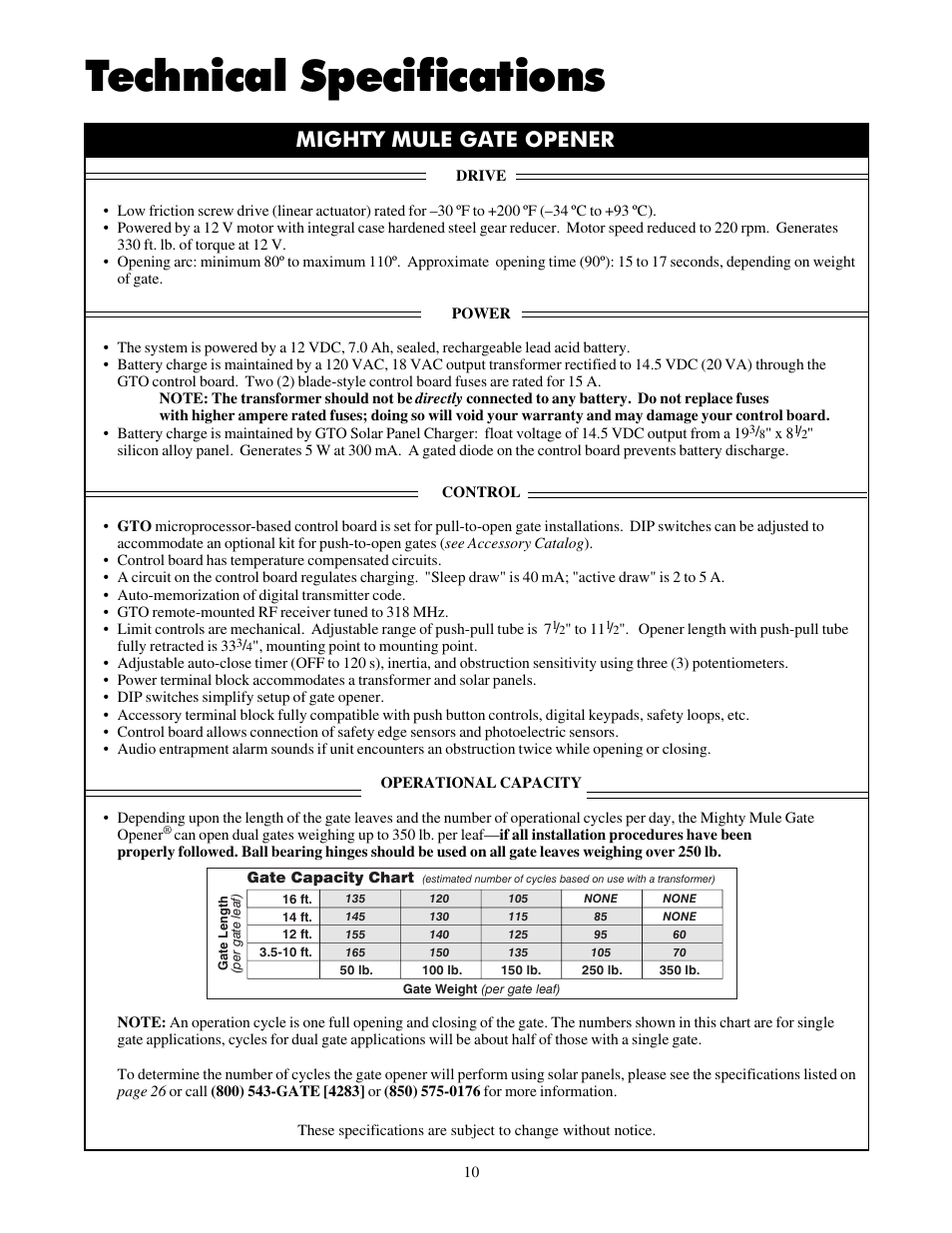 Technical specifications, Mighty mule gate opener | Mighty Mule FM702 User Manual | Page 14 / 44