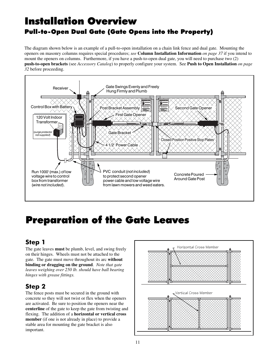 Preparation of the gate leaves, Installation overview, Step 1 | Step 2 | Mighty Mule FM702 User Manual | Page 15 / 44