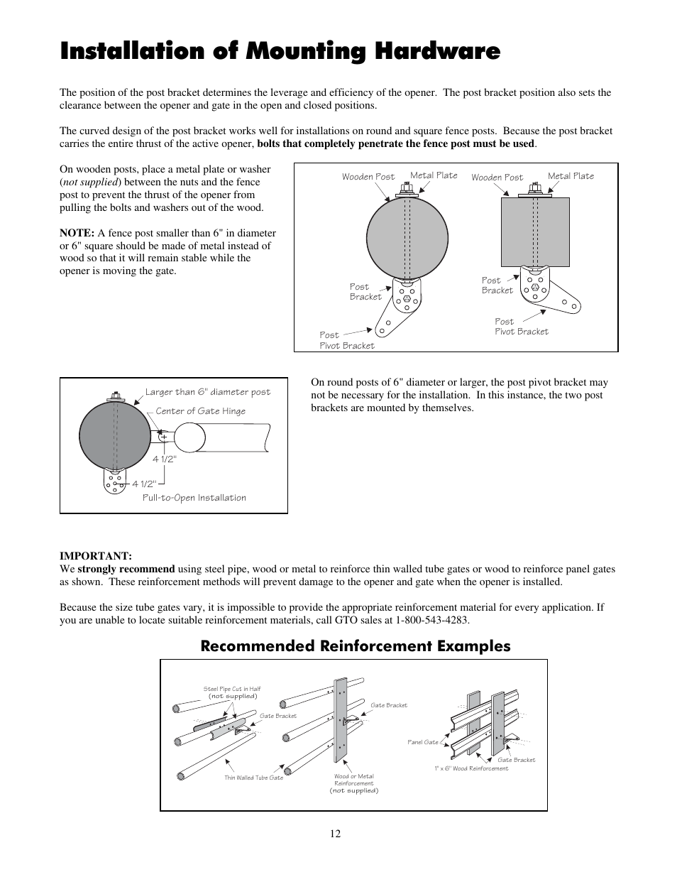 Installation of mounting hardware, Recommended reinforcement examples | Mighty Mule FM702 User Manual | Page 16 / 44