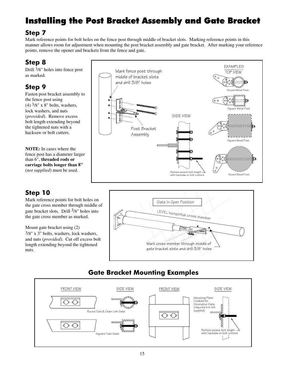 Step 7, Step 8, Step 9 | Step 10, Gate bracket mounting examples | Mighty Mule FM702 User Manual | Page 19 / 44