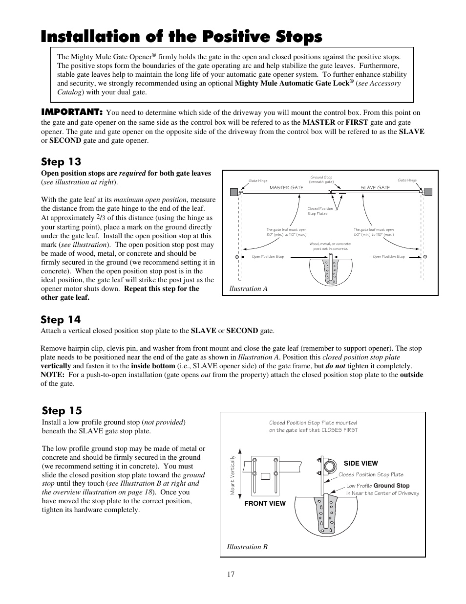 Installation of the positive stops, Step 14, Step 13 | Step 15, Important | Mighty Mule FM702 User Manual | Page 21 / 44