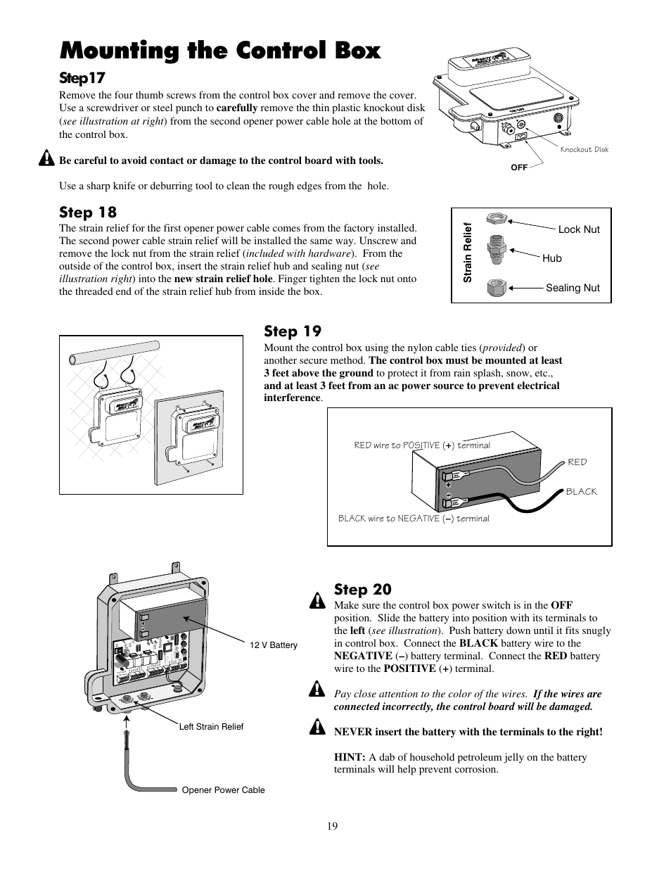 Mounting the control box, Step 20, Step 17 | Step 18, Step 19 | Mighty Mule FM702 User Manual | Page 23 / 44