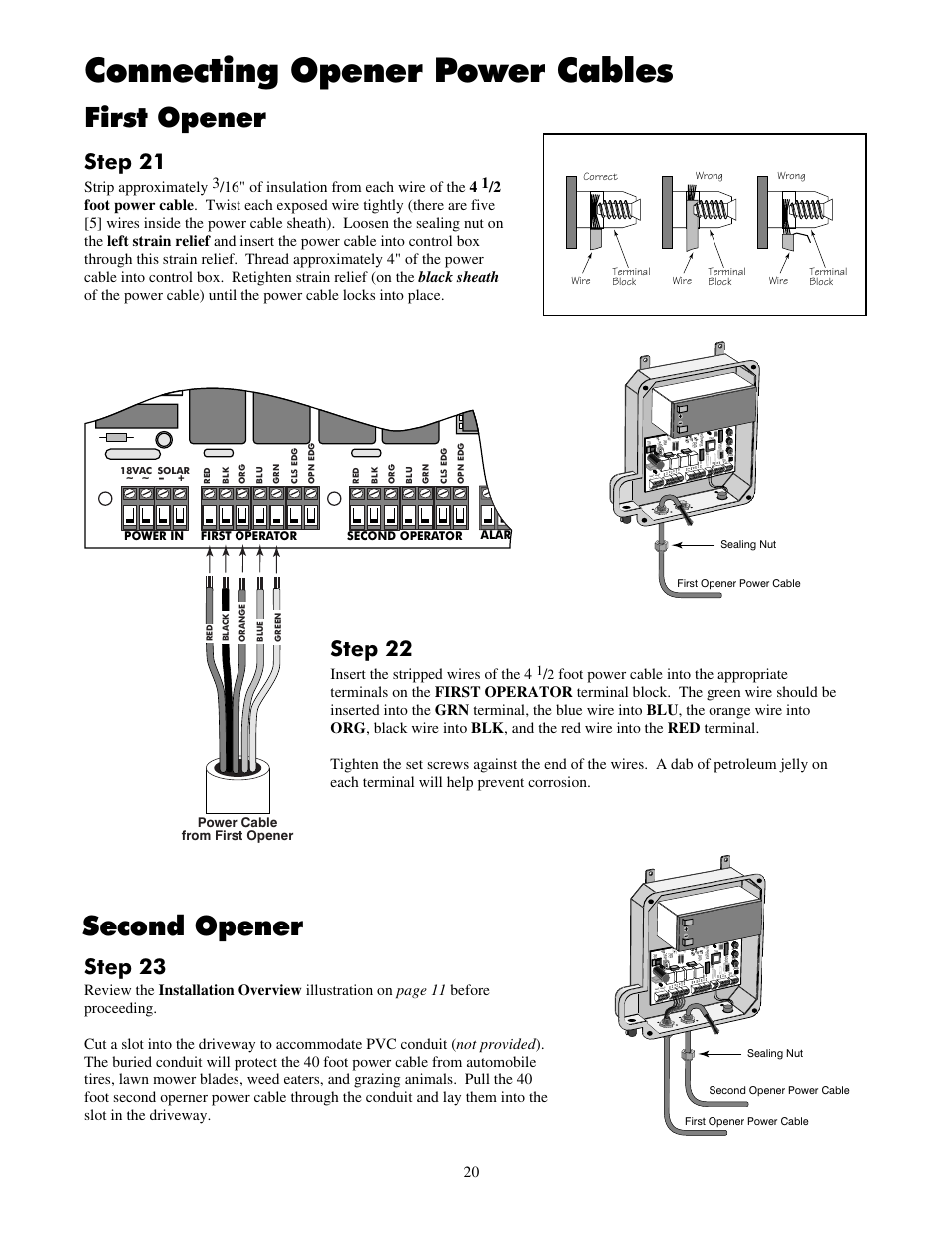 Connecting opener power cables, First opener second opener, Step 22 | Step 23, Step 21 | Mighty Mule FM702 User Manual | Page 24 / 44