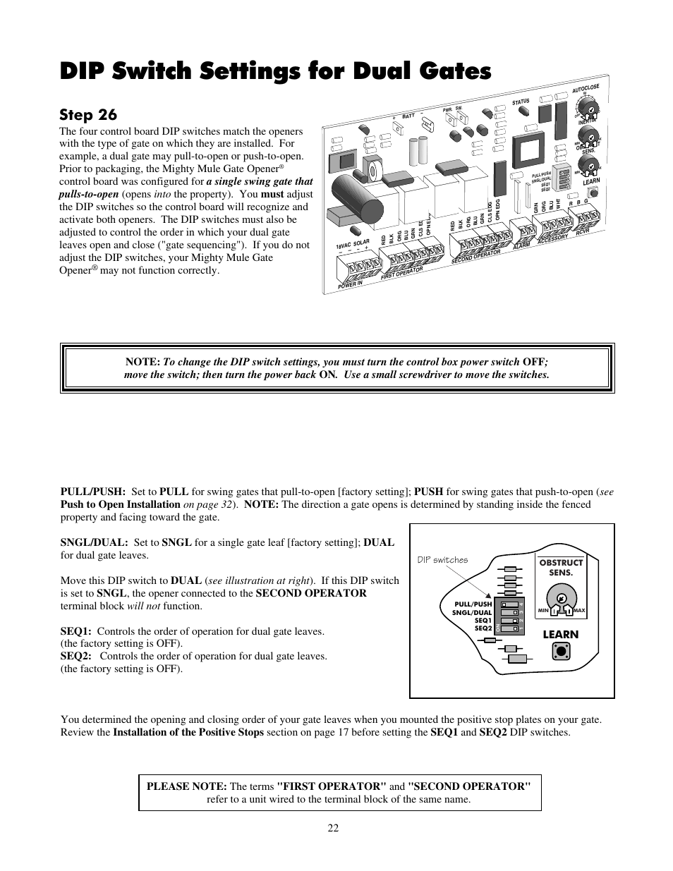 Dip switch settings for dual gates, Step 26, May not function correctly | Learn, Dip switches | Mighty Mule FM702 User Manual | Page 26 / 44