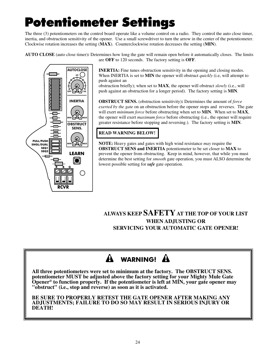 Potentiometer settings, Safety, Warning | Mighty Mule FM702 User Manual | Page 28 / 44