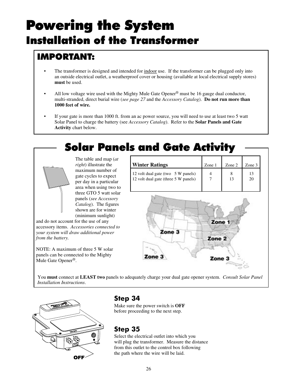 Powering the system, Installation of the transformer, Solar panels and gate activity | Important, Step 34, Step 35 | Mighty Mule FM702 User Manual | Page 30 / 44