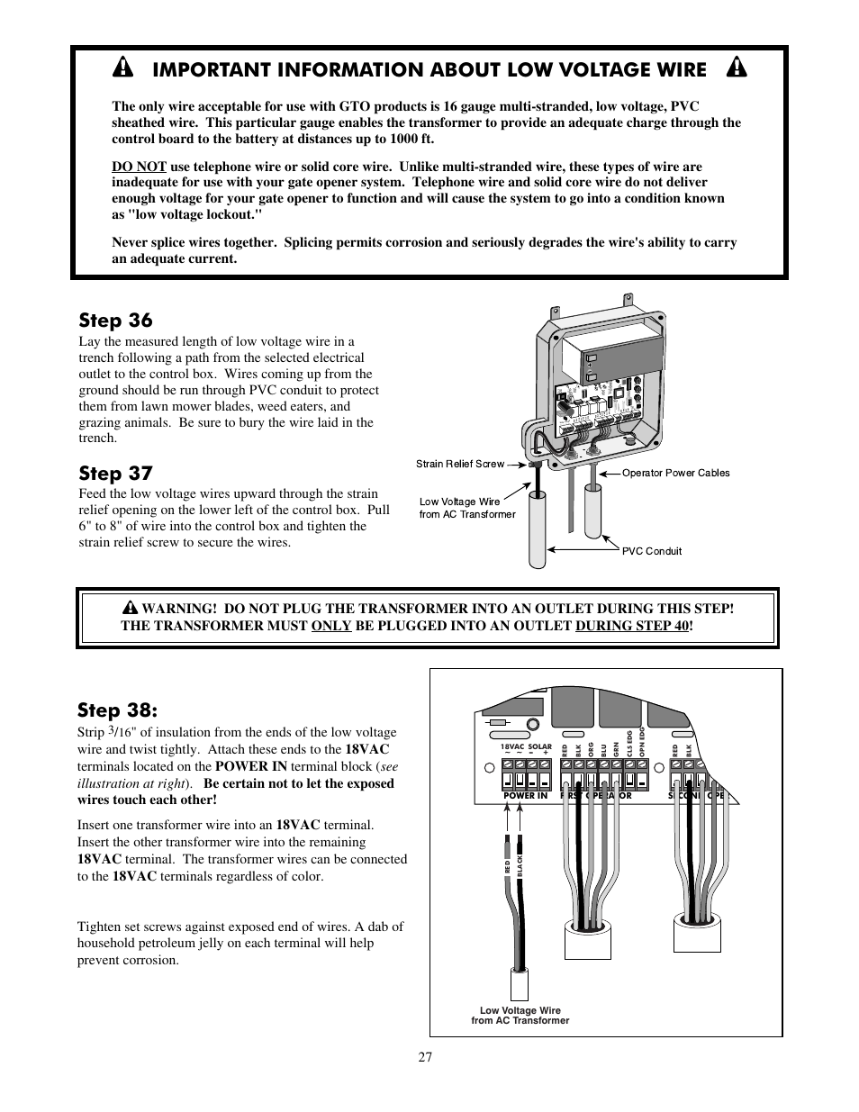 Step 36, Step 37, Important information about low voltage wire | Step 38 | Mighty Mule FM702 User Manual | Page 31 / 44