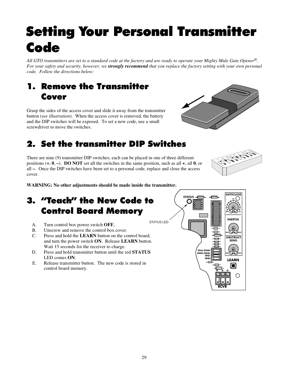 Setting your personal transmitter code, Set the transmitter dip switches, Remove the transmitter cover | Mighty Mule FM702 User Manual | Page 33 / 44