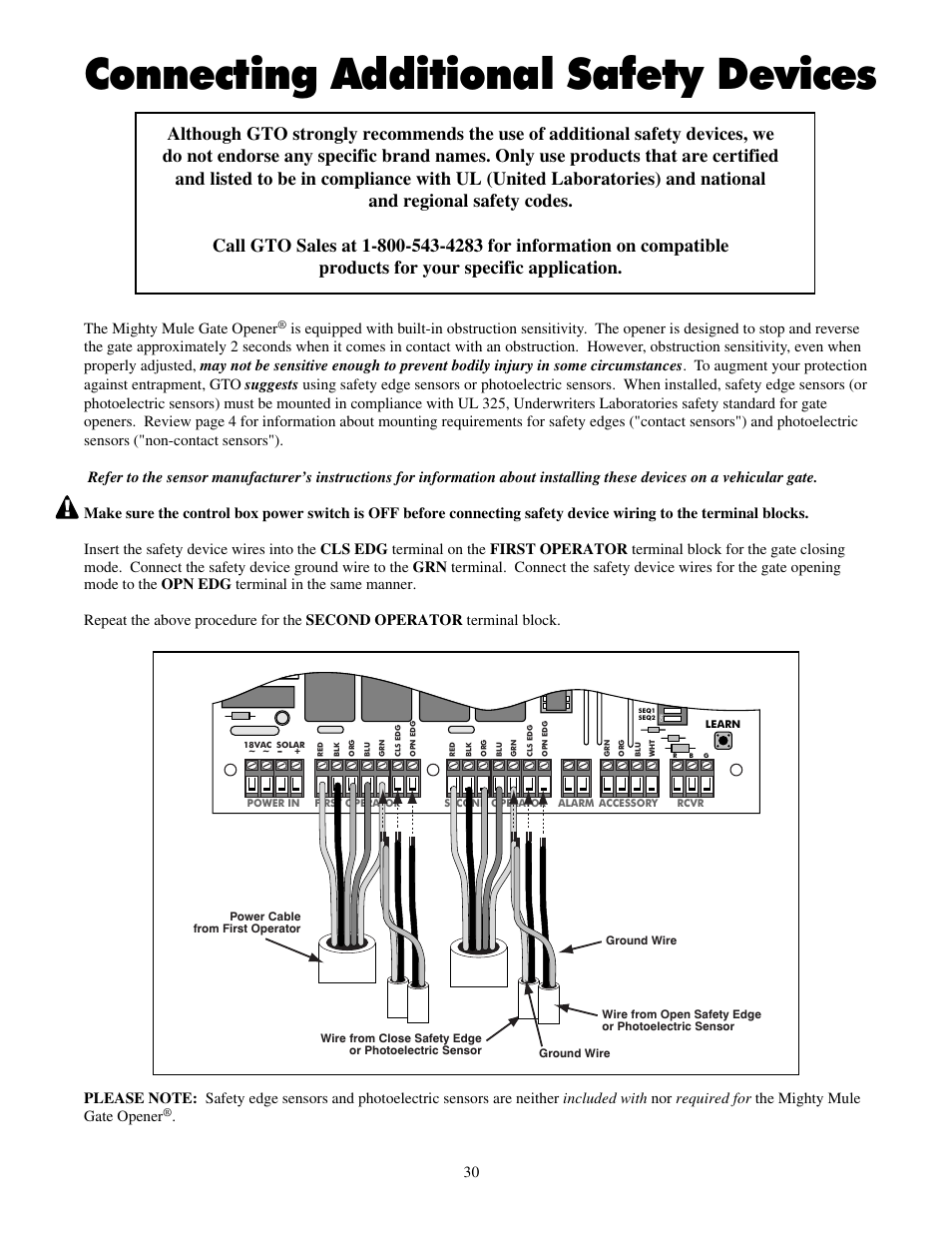 Connecting additional safety devices, The mighty mule gate opener | Mighty Mule FM702 User Manual | Page 34 / 44