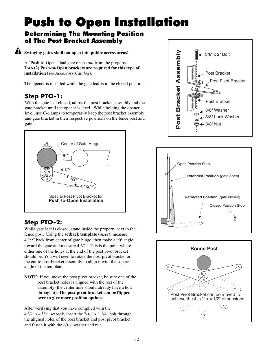 Push to open installation, Step pto-2, Post bracket assembly | Mighty Mule FM702 User Manual | Page 36 / 44