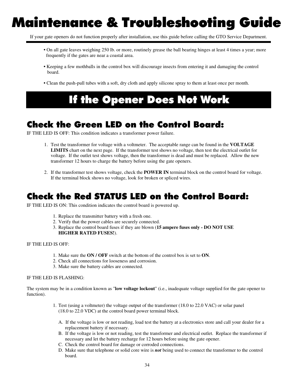 Maintenance & troubleshooting guide, If the opener does not work, Check the green led on the control board | Check the red status led on the control board | Mighty Mule FM702 User Manual | Page 38 / 44