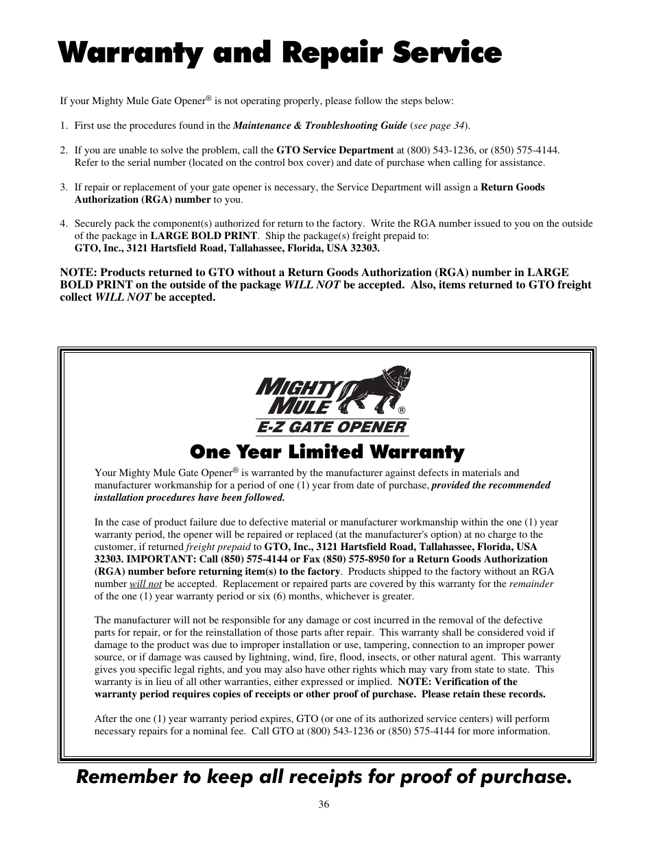 Warranty and repair service, One year limited warranty, E-z gate opener | Mighty Mule FM702 User Manual | Page 40 / 44