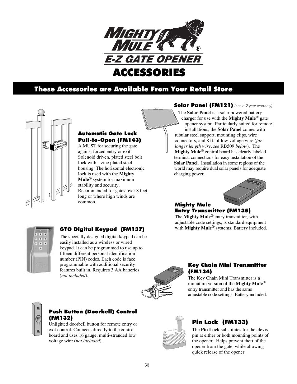 Accessories, E-z gate opener | Mighty Mule FM702 User Manual | Page 42 / 44