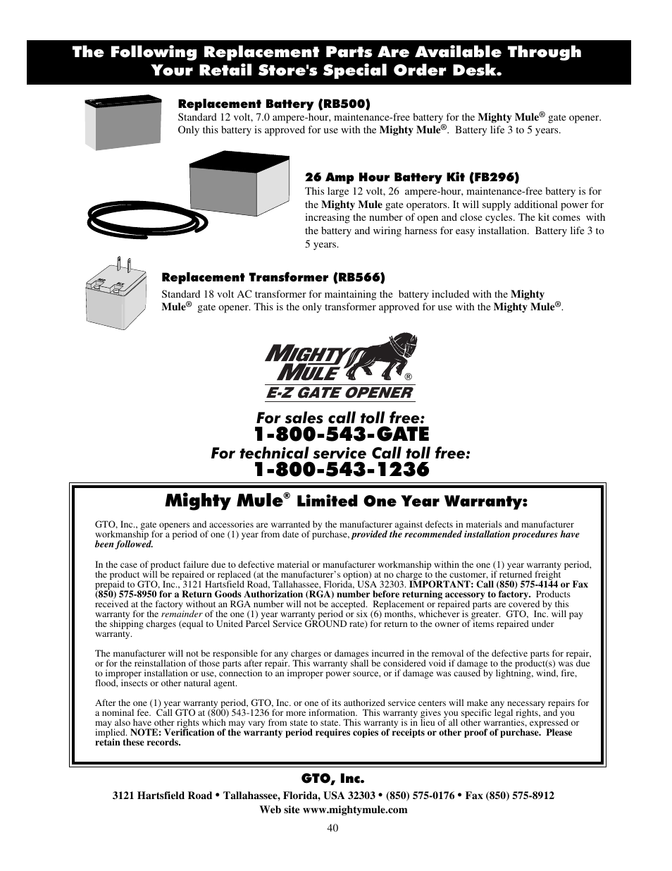 Mighty mule, E-z gate opener, For sales call toll free | For technical service call toll free | Mighty Mule FM702 User Manual | Page 44 / 44