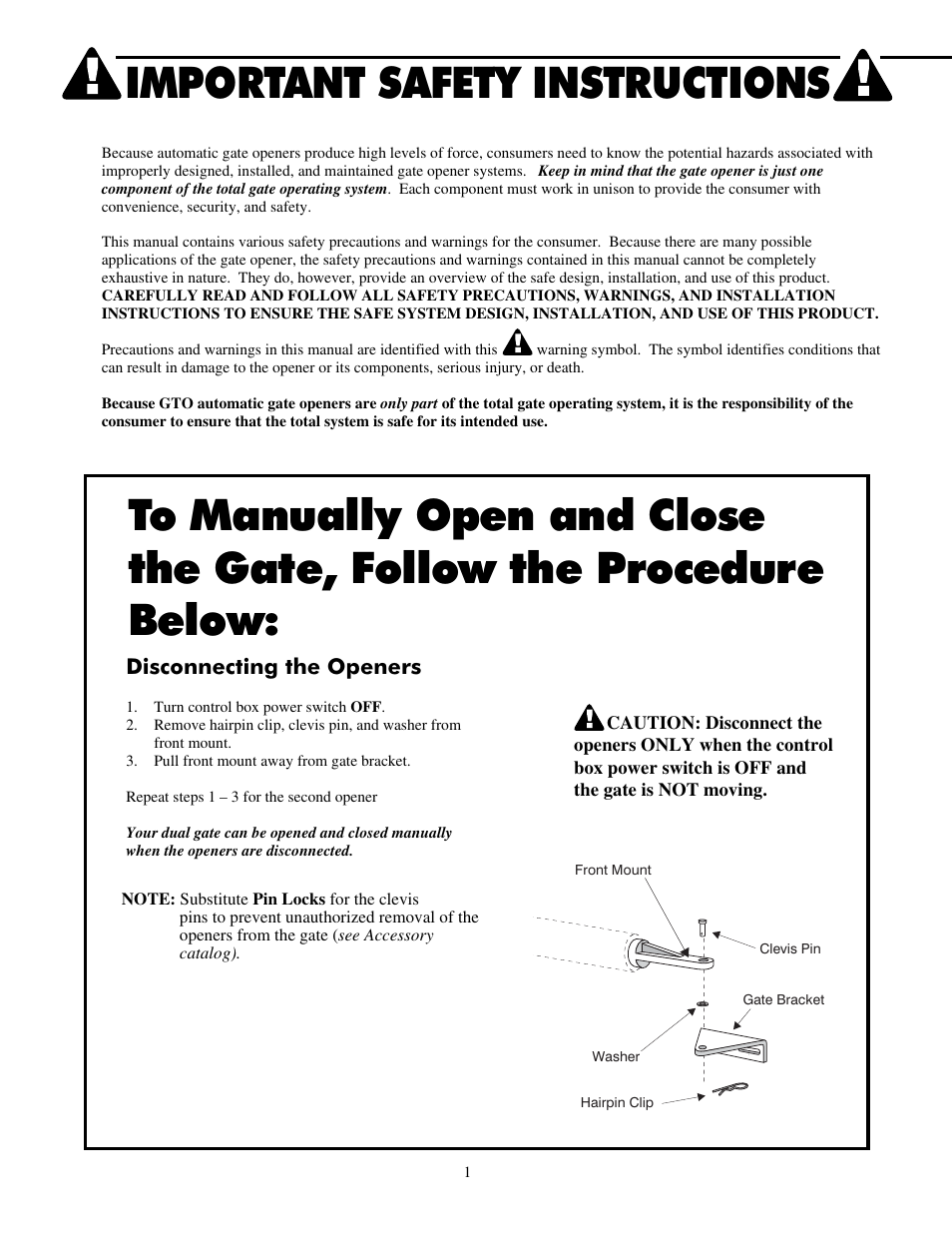 Important safety instructions, Disconnecting the openers | Mighty Mule FM702 User Manual | Page 5 / 44