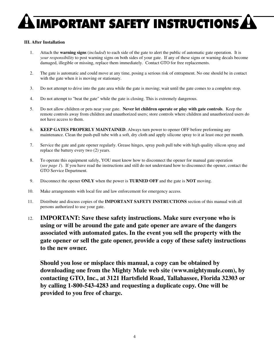 Important safety instructions | Mighty Mule FM702 User Manual | Page 8 / 44