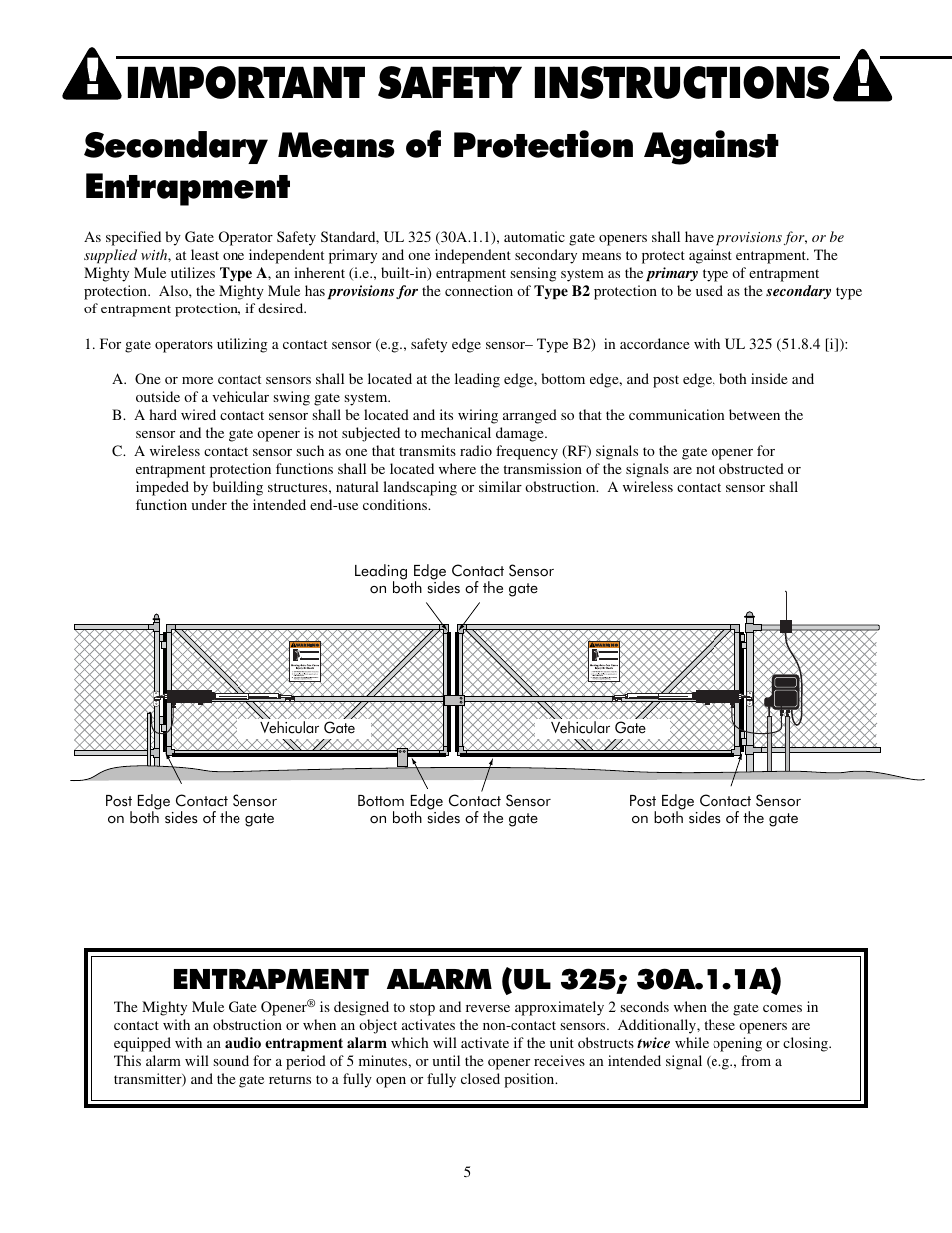 Important safety instructions, Secondary means of protection against entrapment | Mighty Mule FM702 User Manual | Page 9 / 44