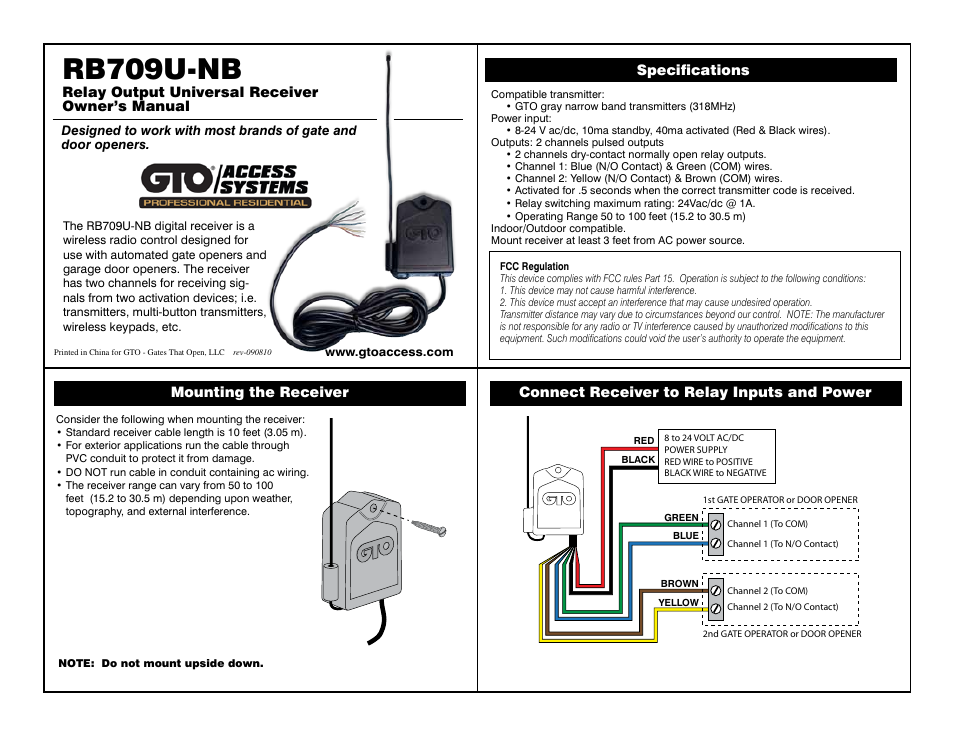 Mighty Mule RB709U-NB User Manual | 2 pages