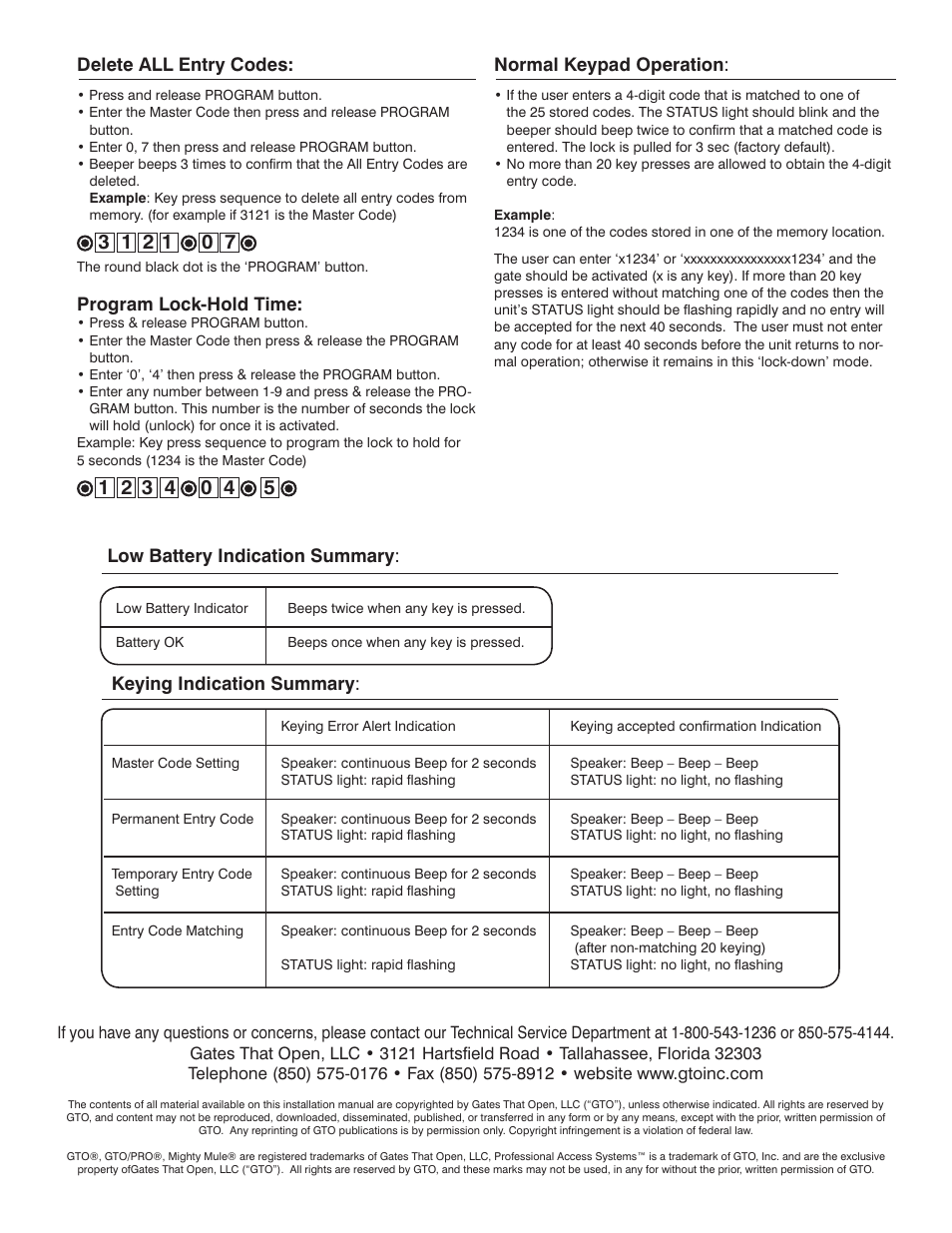 Keying indication summary, Normal keypad operation, Delete all entry codes | Program lock-hold time, Low battery indication summary | Mighty Mule FM145 User Manual | Page 10 / 10