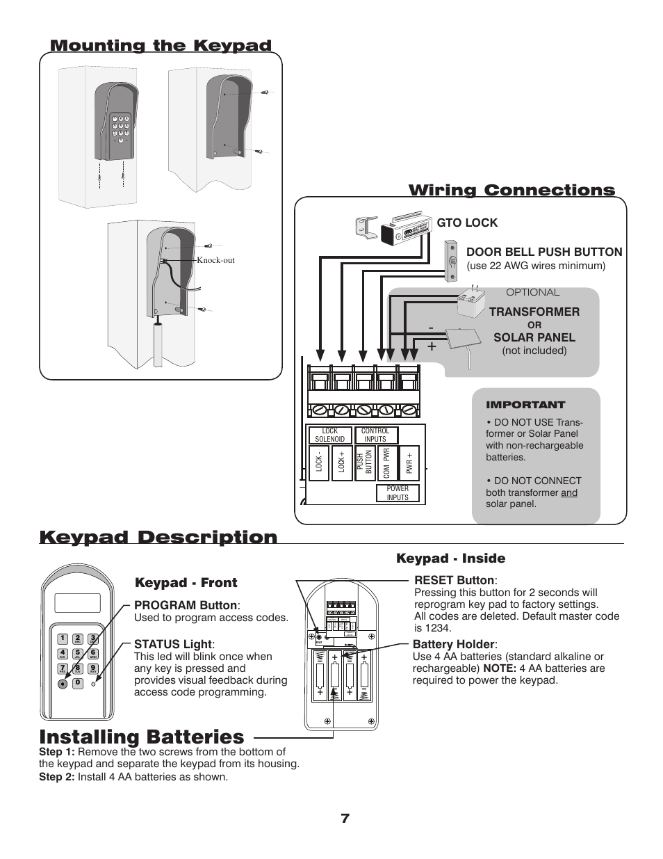 Installing batteries, Keypad description, Mounting the keypad | Wiring connections, Keypad - front, Keypad - inside, Status light, Program button, Battery holder, Reset button | Mighty Mule FM145 User Manual | Page 7 / 10