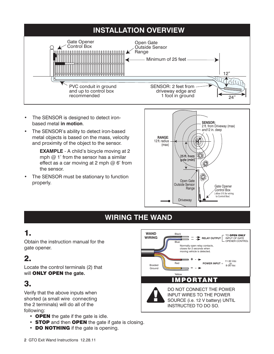 Installation overview wiring the wand, Important | Mighty Mule FM138 User Manual | Page 2 / 4