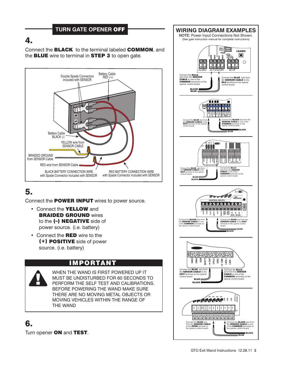 Important, Turn gate opener off, Wiring diagram examples | Turn opener on and test | Mighty Mule FM138 User Manual | Page 3 / 4
