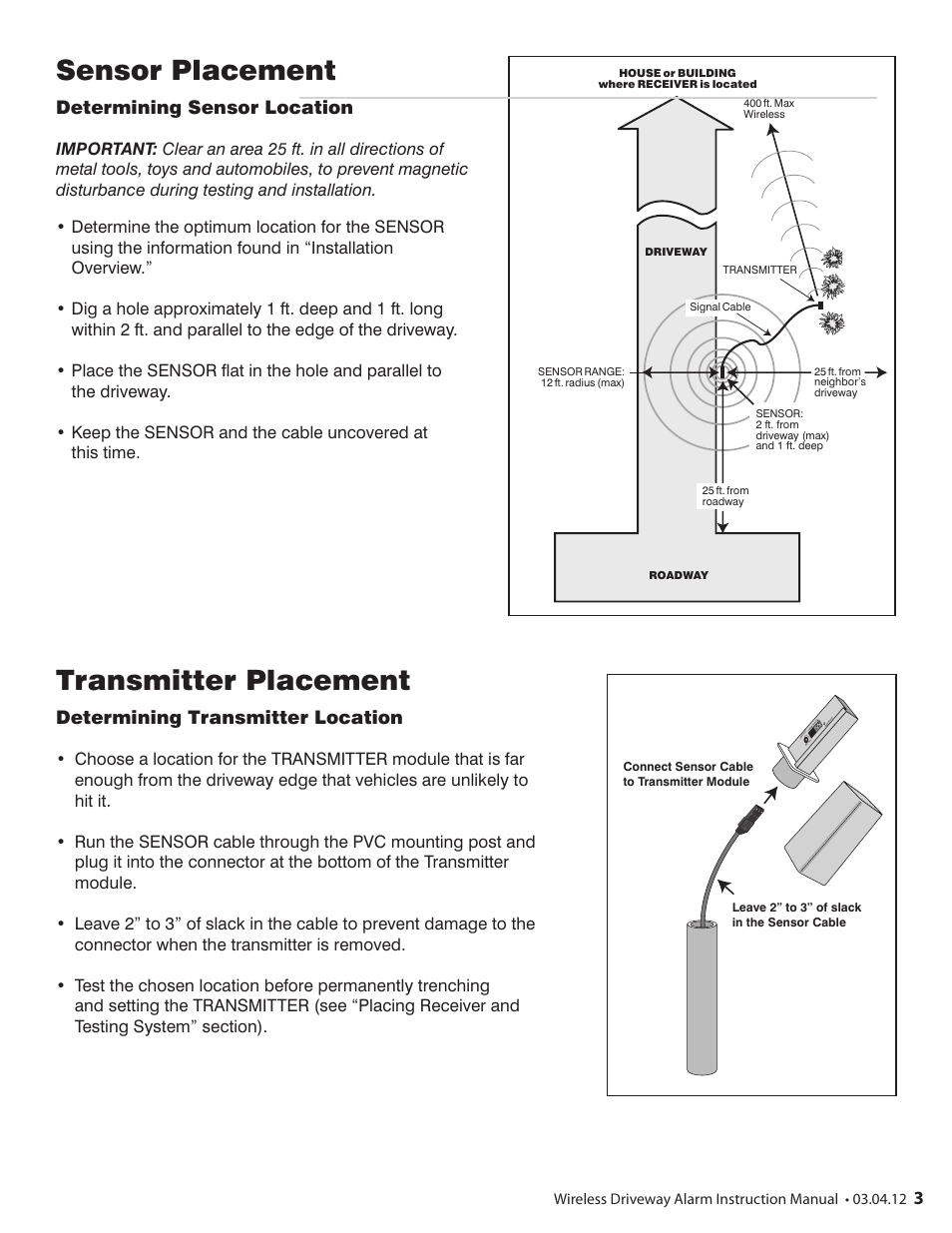 Sensor placement, Transmitter placement, Determining sensor location | Determining transmitter location | Mighty Mule FM131 User Manual | Page 3 / 8