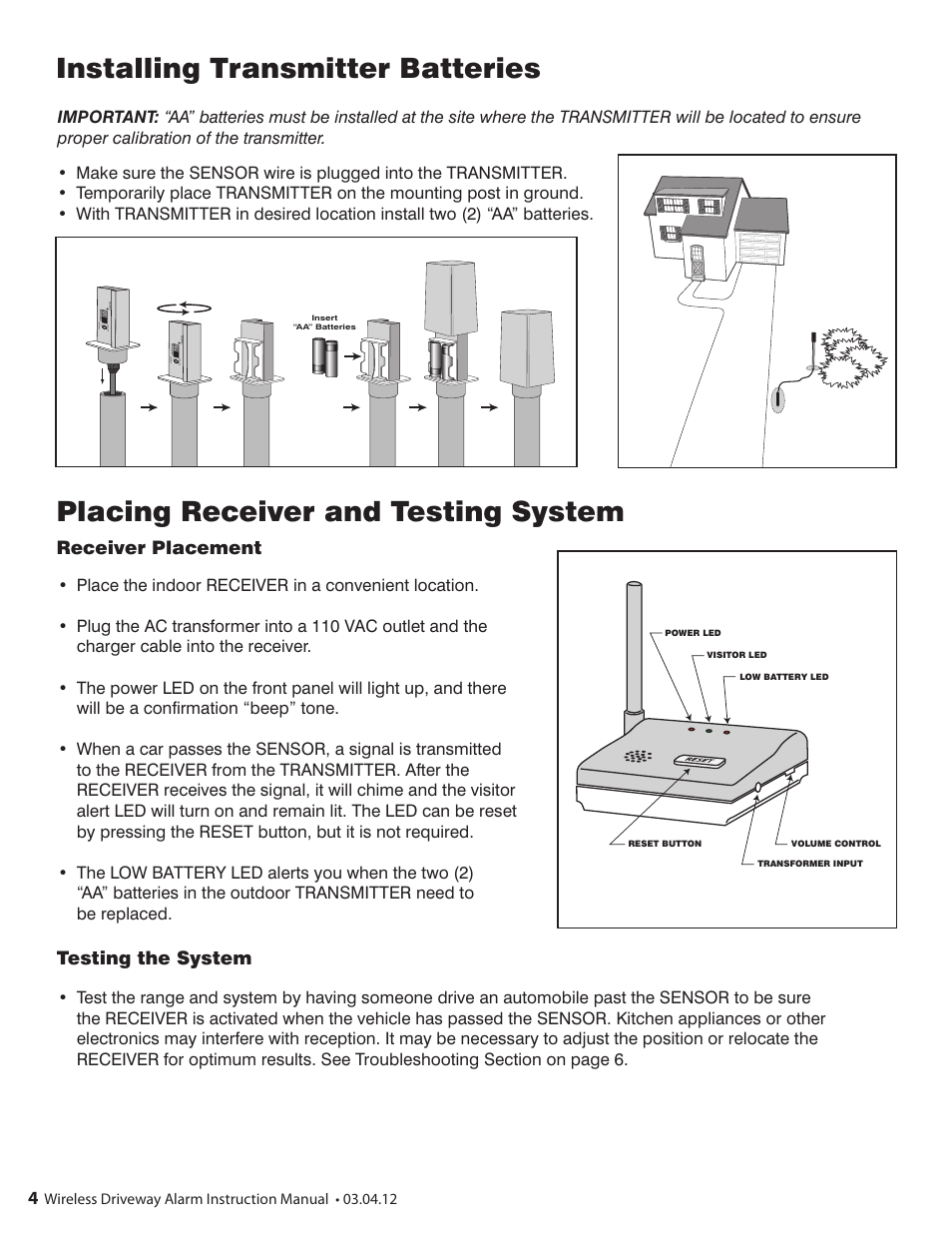 Placing receiver and testing system, Installing transmitter batteries | Mighty Mule FM131 User Manual | Page 4 / 8