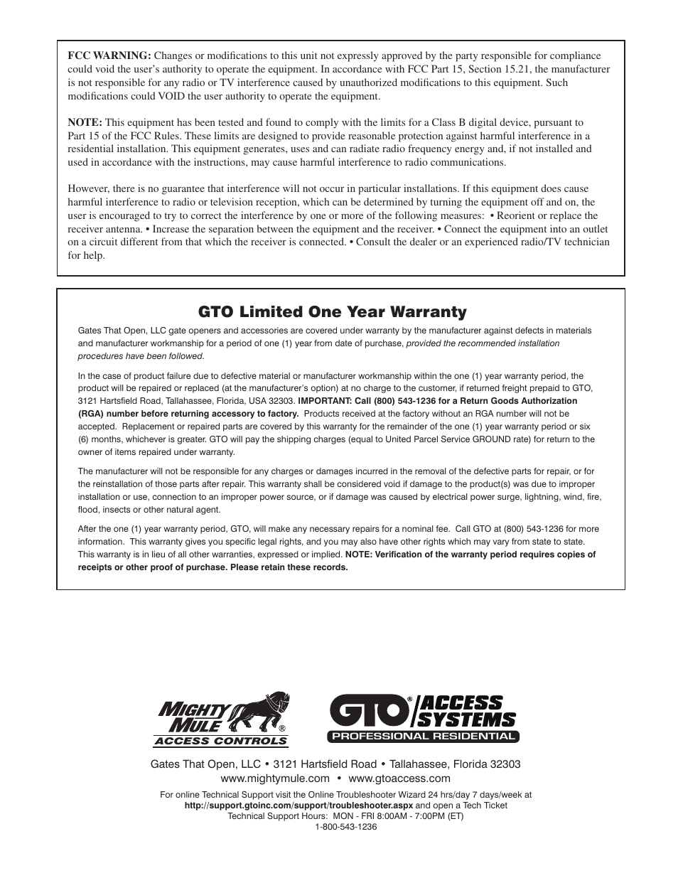 Access systems, Limited one year warranty | Mighty Mule FM131 User Manual | Page 8 / 8