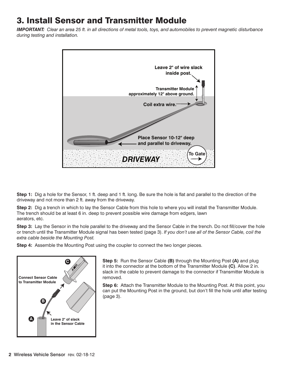 Install sensor and transmitter module, Driveway | Mighty Mule FM130 User Manual | Page 4 / 8
